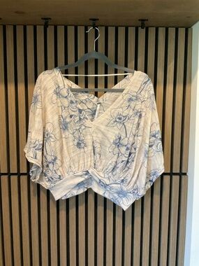 Free People Cream Blouse with Blue Floral Print